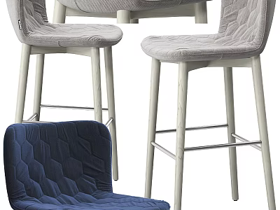 Modern Gray Blue Fabric Bar Stools With Wooden Legs And Padded Comfortable Seats 3d model