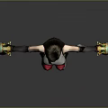 Woman with white crop top black skirt black gloves holding colorful weapons and red sneakers