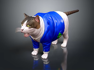 Adorable Gray And White Cat Wearing Blue Jacket With Green Emblem 3d model