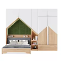 Kids Bed with Green Padded House Shaped Headboard Wooden Wardrobe White Panels Bookshelf Decorations