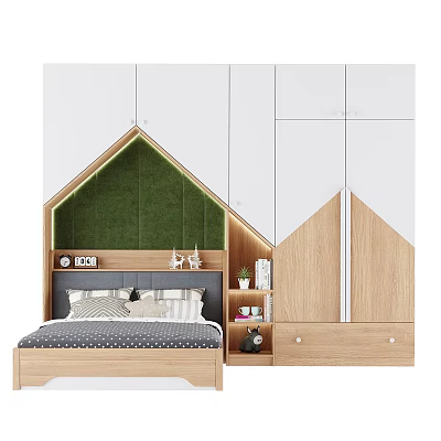 Kids Bed with Green Padded House Shaped Headboard Wooden Wardrobe White Panels Bookshelf Decorations 3d model
