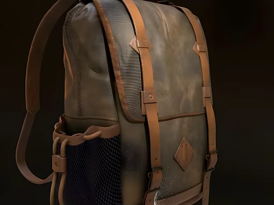 Vintage Leather Backpack With Brown Straps Mesh Pocket And Metal Buckles 3d model