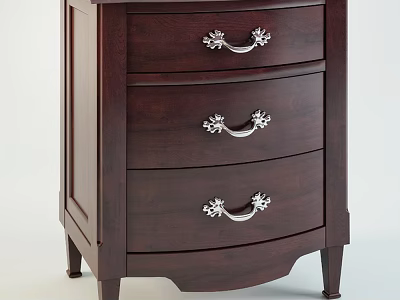 Dark Wooden Bedside Table With Three Drawers And Silver Decorative Handles 3d model