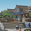 Traditional Commercial Street With Classical Architecture Central Plaza Colorful Fountain And Pedestrian Walkways
