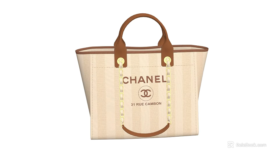 Beige Striped Chanel Tote Bag with Brown Leather Handles CC Logo and 18 Rue Cambon 3d model 