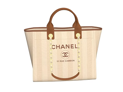 Beige Striped Chanel Tote Bag with Brown Leather Handles CC Logo and 18 Rue Cambon 3d model