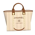 Beige Striped Chanel Tote Bag with Brown Leather Handles CC Logo and 18 Rue Cambon