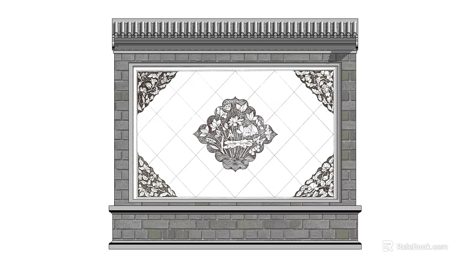 Decorative Feature Wall With Intricate Tile Patterns And Ornate Corner Borders 3d model 