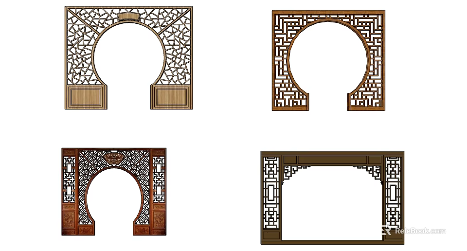 Chinese Traditional Carved Wooden Architectural Components With Lattice Patterns And Arch Shapes 3d model 