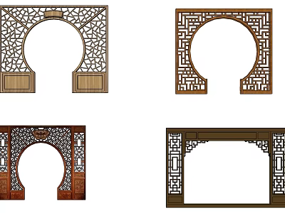 Chinese Traditional Carved Wooden Architectural Components With Lattice Patterns And Arch Shapes 3d model