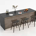 Modern Home Bar Counter With Black Countertop Wooden Slat Detail And Three Bar Stools