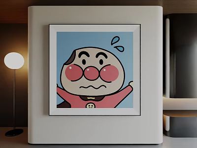 Framed Abstract Painting With Cartoon Character Red Cheeks Sweat Drops Light Blue Background Modern Interior 3d model