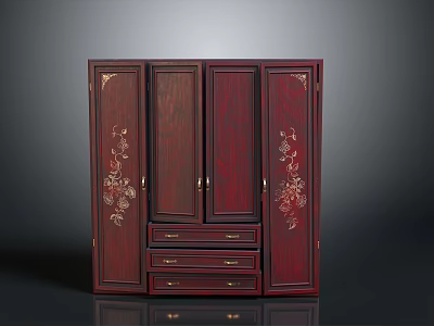 Elegant Dark Red Wooden Wardrobe With Carved Floral Patterns And Drawers 3d model