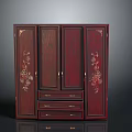 Elegant Dark Red Wooden Wardrobe With Carved Floral Patterns And Drawers