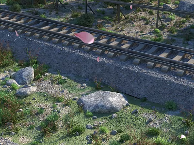 Railway Track Road Facility With Gravel Grass Rocks And Pink Petals 3d model