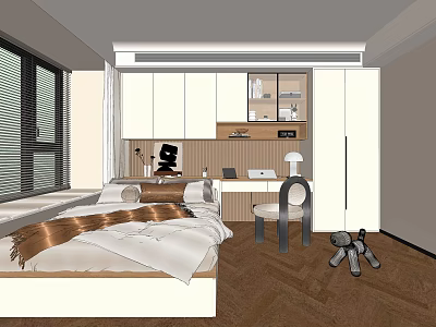 Modern Tatami Bedroom Interior With Bed Desk Laptop Lamp And Wooden Floor 3d model