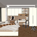 Modern Tatami Bedroom Interior With Bed Desk Laptop Lamp And Wooden Floor