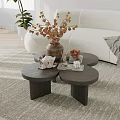 Three Round Dark Coffee Tables With Dried Flower Vase And Decorative Tray In Living Room