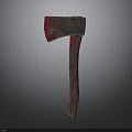 Vintage Red Axe With Worn Metal Head And Wooden Handle