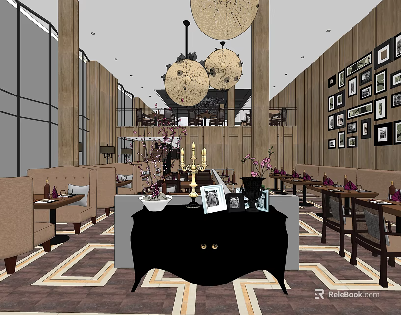 Elegant Restaurant Interior With Chandeliers Framed Pictures Tables And Patterned Carpet 3d model 