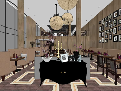 Elegant Restaurant Interior With Chandeliers Framed Pictures Tables And Patterned Carpet 3d model
