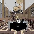 Elegant Restaurant Interior With Chandeliers Framed Pictures Tables And Patterned Carpet