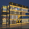 Yellow Display Shelves With Tools Cans And Boxes Against Blue Wall Background 3d model