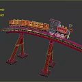 Toy Train With Red Carriages Blue Locomotive On Red Tracks And Supports