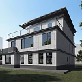 Modern Two Story Detached Villa With Large Glass Windows Terrace And Green Lawn