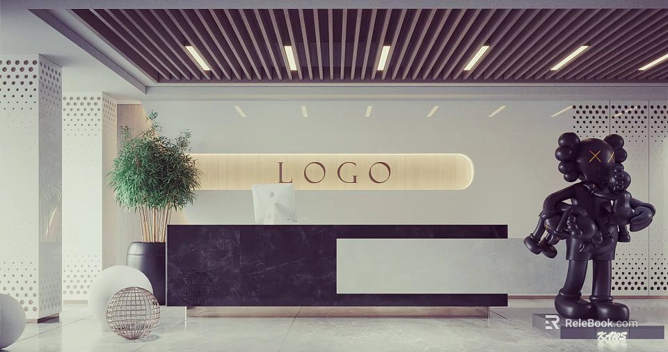 Modern Front Desk Reception Interior Design With Logo Sign Green Plant And Sculpture 3d model 