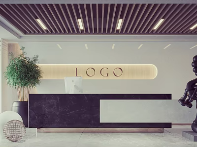 Modern Front Desk Reception Interior Design With Logo Sign Green Plant And Sculpture 3d model