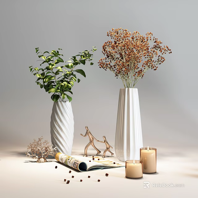 Decorative Vases With Green Leafy Plants And Dried Floral Arrangements For Home Decor 3d model 