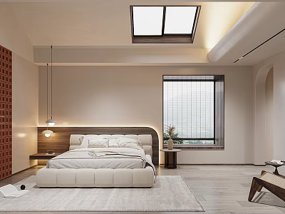 Modern Bedroom Interior Design With Skylight Bedside Table And Soft Lighting 3d model