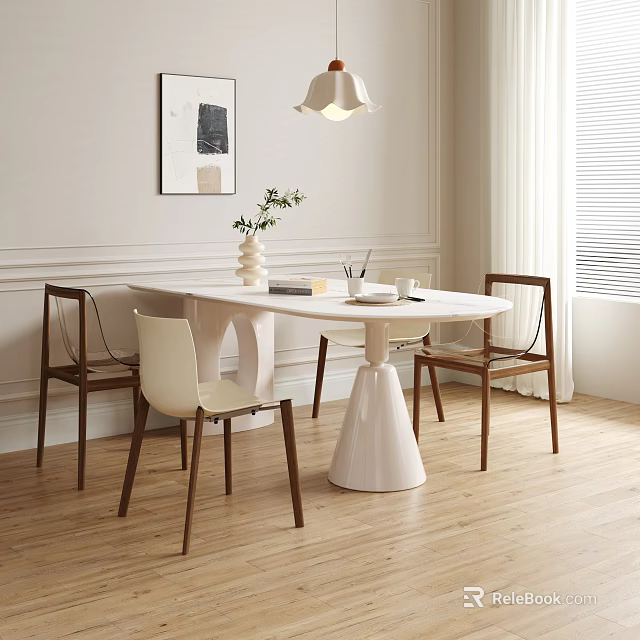 Modern Dining Table Set With Light And Dark Chairs White Tabletop Vase Green Plants Tableware 3d model 