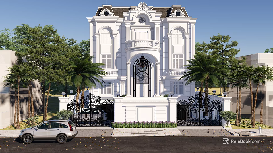 Twin Villa with White Exterior European Style Arched Doorway Wrought Iron Gates and Palm Trees 3d model 
