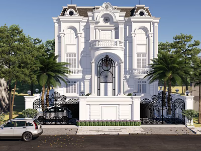 Twin Villa with White Exterior European Style Arched Doorway Wrought Iron Gates and Palm Trees 3d model
