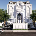 Twin Villa with White Exterior European Style Arched Doorway Wrought Iron Gates and Palm Trees