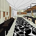 Modern Lounge Area With Wooden Panels Stone Walls Black Seating And Black White Patterned Carpet