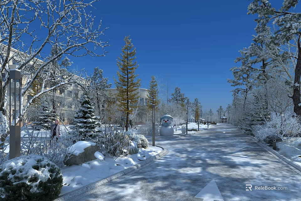 Picturesque Winter Landscape With Snow Covered Trees Path Blue Sky Sunlight And Snowman 3d model 