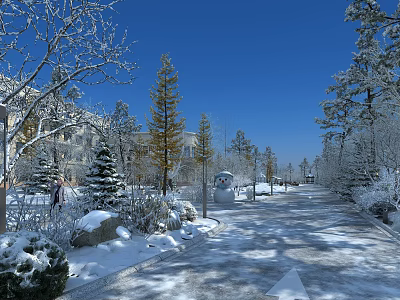Picturesque Winter Landscape With Snow Covered Trees Path Blue Sky Sunlight And Snowman 3d model