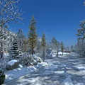 Picturesque Winter Landscape With Snow Covered Trees Path Blue Sky Sunlight And Snowman