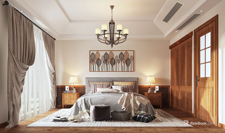 Classic Bedroom Interior With Chandelier Decorative Painting Nightstands Table Lamps And Wooden Wardrobes Rug 3d model 