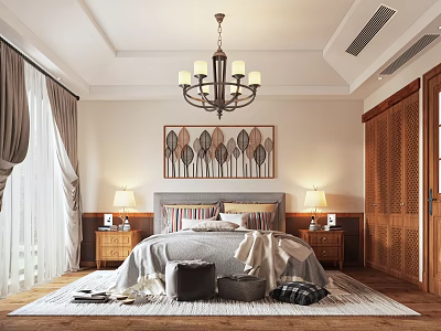 Classic Bedroom Interior With Chandelier Decorative Painting Nightstands Table Lamps And Wooden Wardrobes Rug 3d model