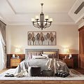 Classic Bedroom Interior With Chandelier Decorative Painting Nightstands Table Lamps And Wooden Wardrobes Rug