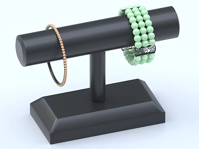 Elegant Gold Thin Bracelet And Green Beaded Jewelry On Black Display Stand 3d model