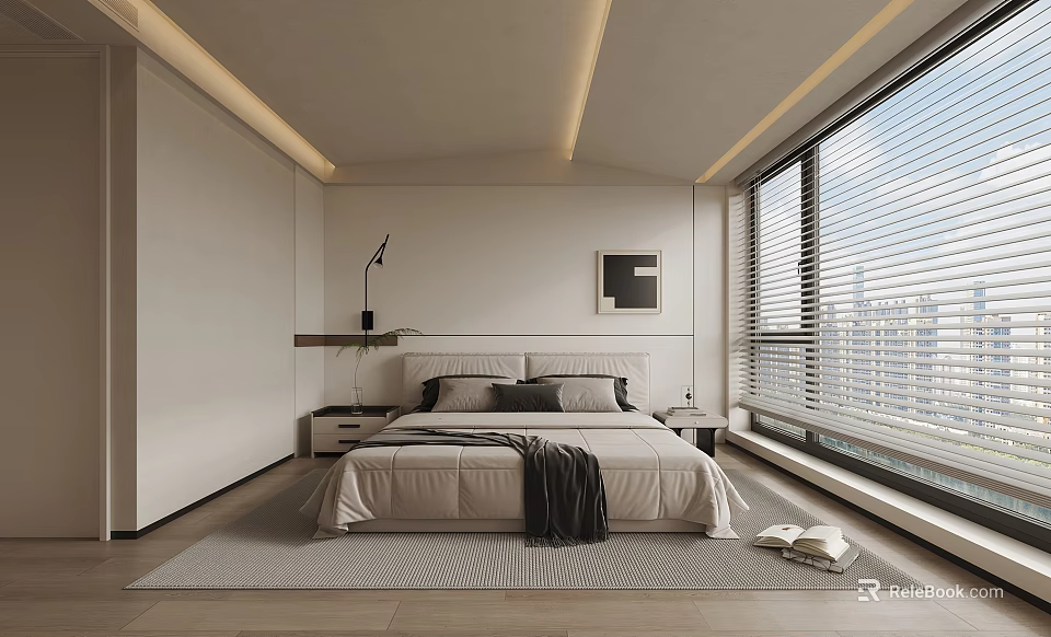 Modern Bedroom Interior Design With Bed Gray Bedding Nightstand And Large Window Blinds 3d model