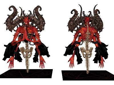 Gothic Style Decorative Ornament Set With Red Skeleton Horns Black Wings And Decorative Base 3d model