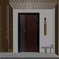 Dark Brown Wooden Hinged Door In Entryway With Vertical Slats Wall Lamp And Decorative Ball