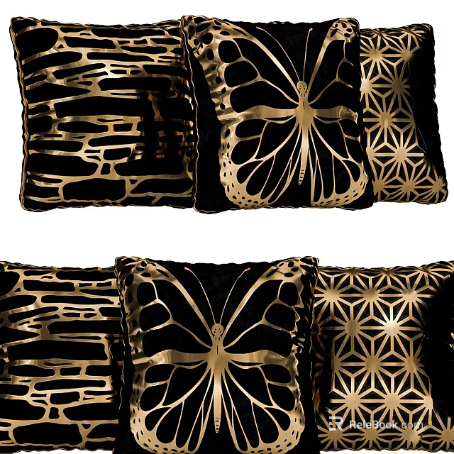 Black Gold Decorative Pillows With Various Patterns 3d model 