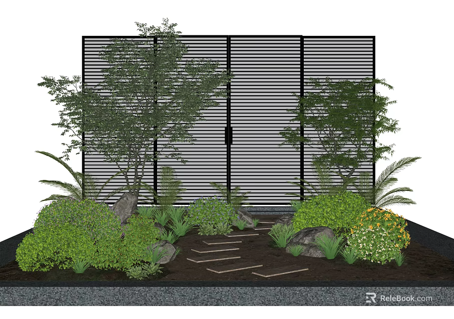 Garden Greenery With Slatted Screen Various Plants Shrubs And Stepping Stones Path 3d model 